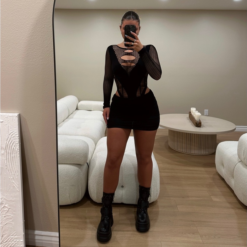 Black Ruched Mesh Mini Skirt